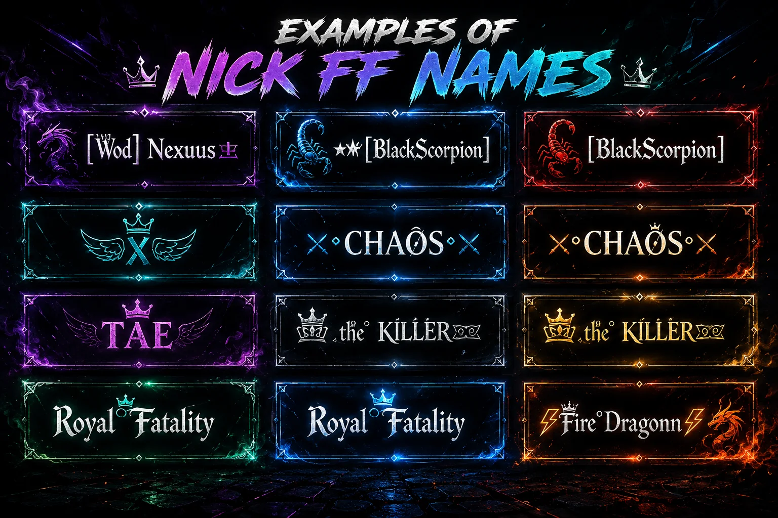 Letras Diferentes FF 4 Letras Diferentes FF: exemplos de nomes estilizados para Free Fire como Nexus, BlackScorpion, Chaos e the Killer