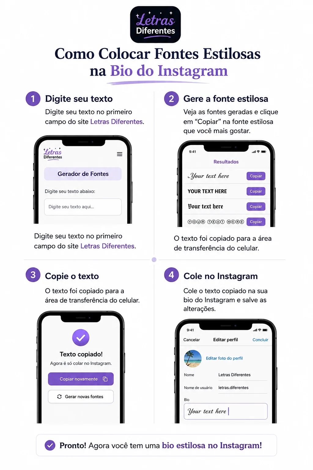 Passo a passo de como colocar fontes estilosas na bio do Instagram: digitar, gerar, copiar e colar