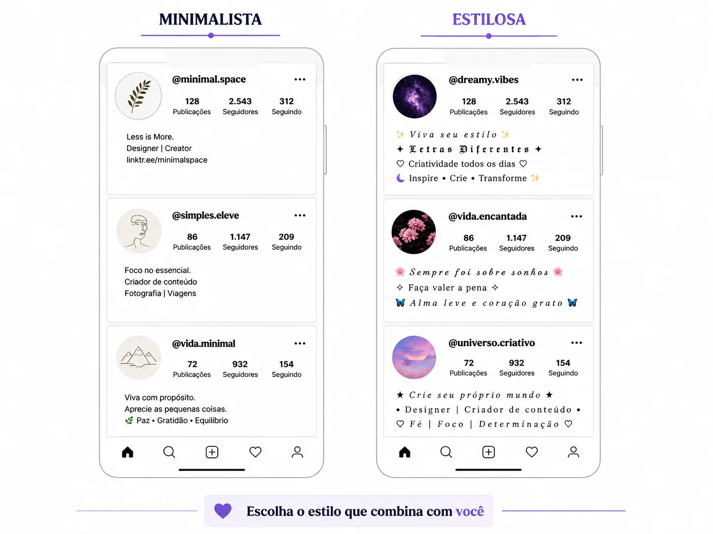 Comparação entre perfil minimalista e perfil estilizado com fontes diferentes no Instagram