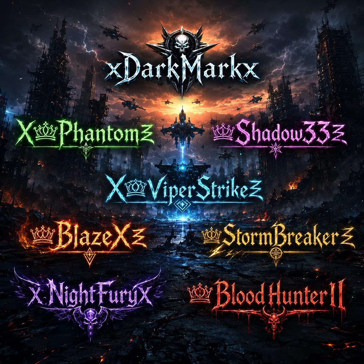 Letras Diferentes FF 1 Exemplos de nicks estilizados para Free Fire com letras diferentes, como xDarkMarkx, XPhantomZ e BloodHunterII